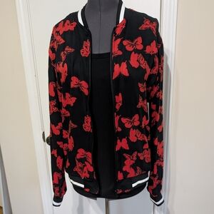 Denim & Flower Black Bomber Jacket with Red Butterfly Design